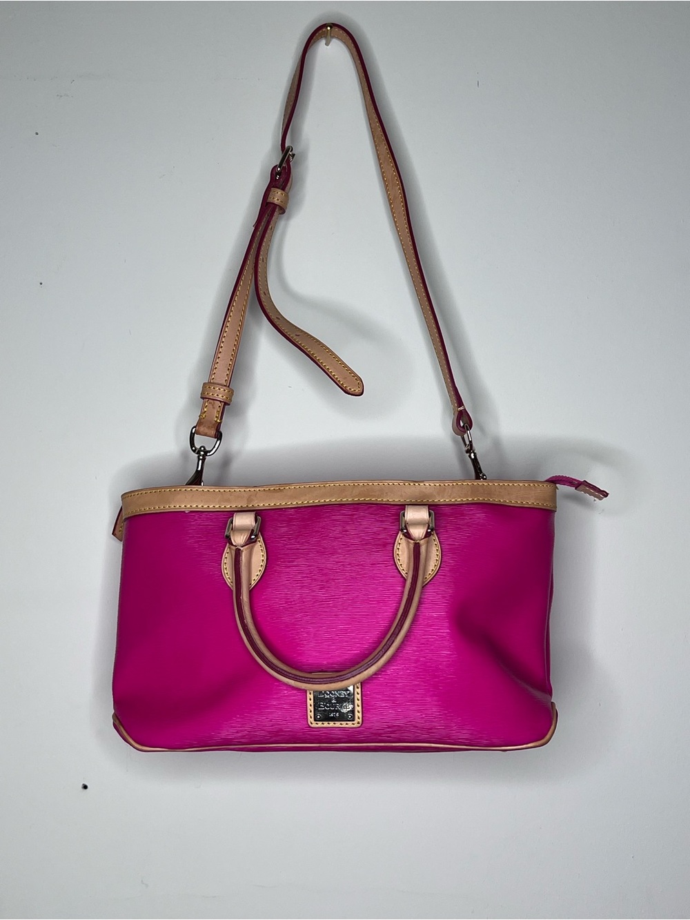 Dooney & Bourke Hot Pink Leather Satchel with Tan Trim and Strap